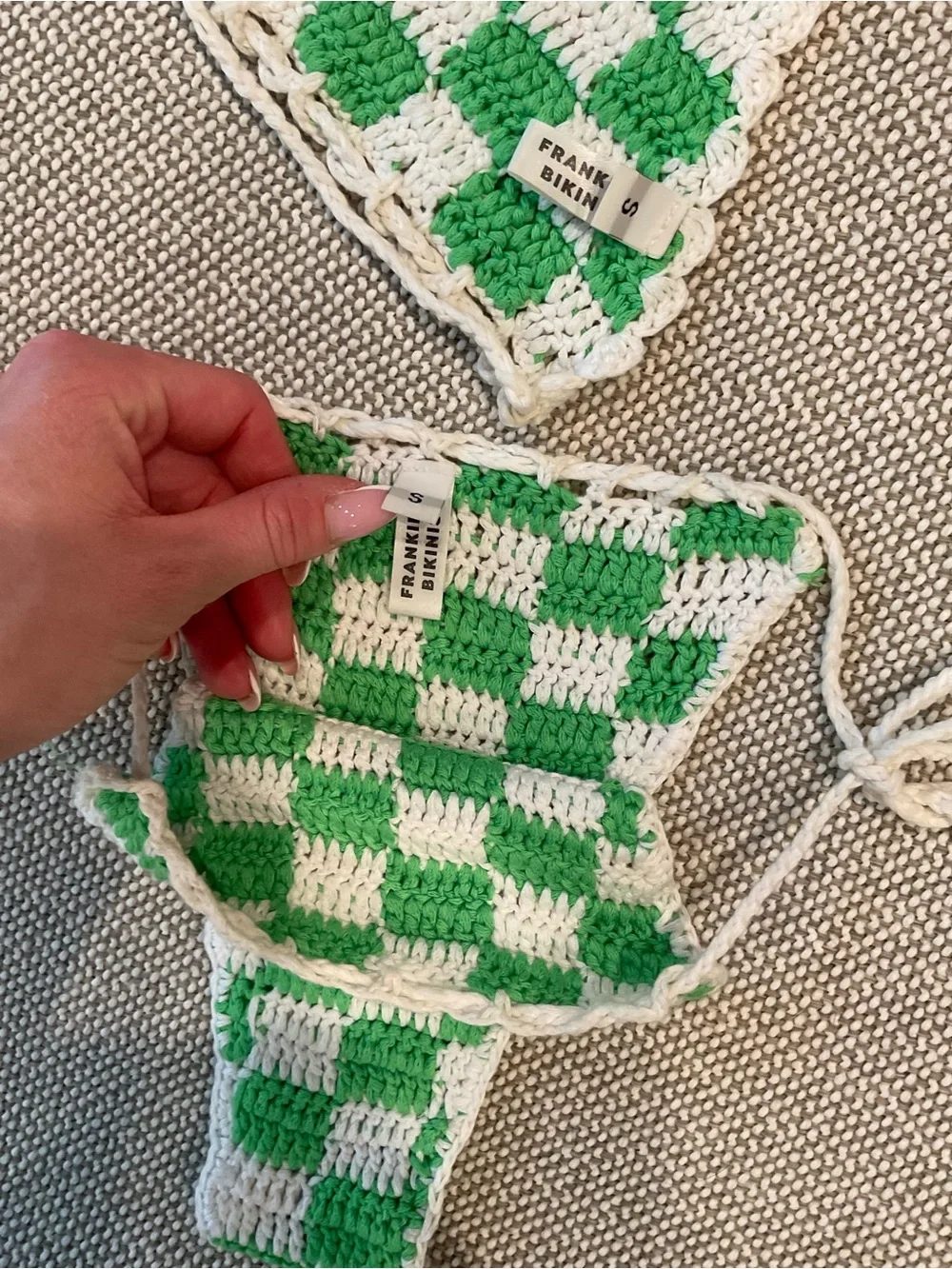 Frankies Bikinis Green & White Checkered Crochet Bikini Set